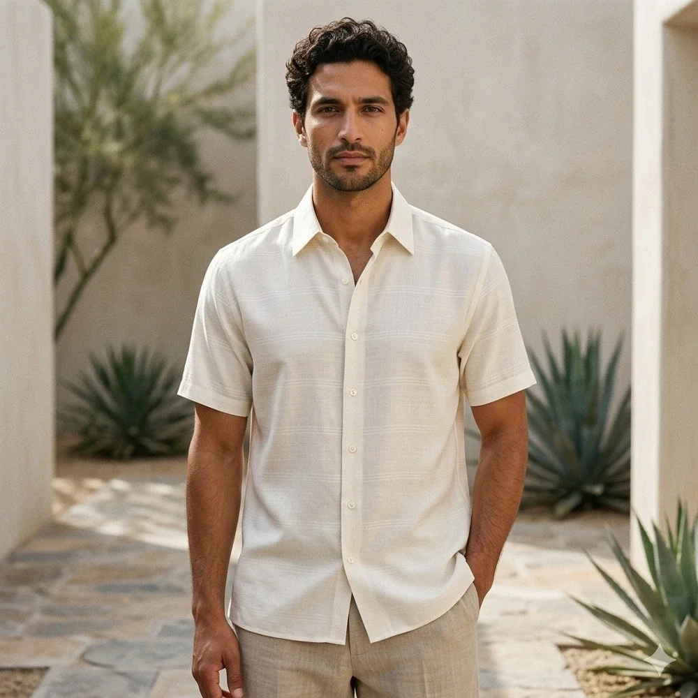 Axcess Silk Shirt M Mens Ivory Cream Short Sleeve Button Down Textured Vintage